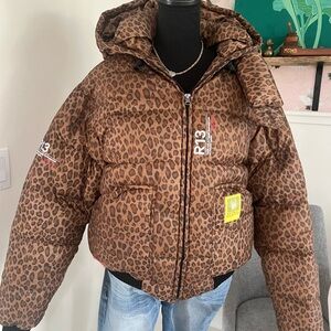 R13 Brumal Tan and Black Leopard Quilted Down Jacket Men’s large Extreme Temp